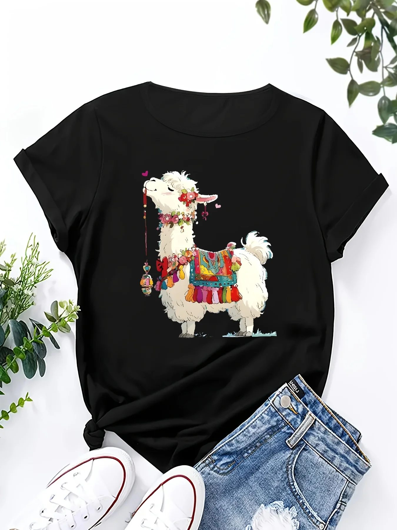 Women's Casual Short Sleeve Top Colorful Cartoon Llama Print with Beaded Flowers Soft Round Neck Comfort Pattern Print Loose Tee