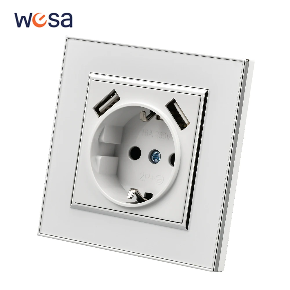 WESA-مقبس طاقة أكريليك عاكس أسود مع 2 USB ، منفذ كهربائي قياسي أوروبي ، قابس أرضي ، مقبس حائط ، مانع للهب #1