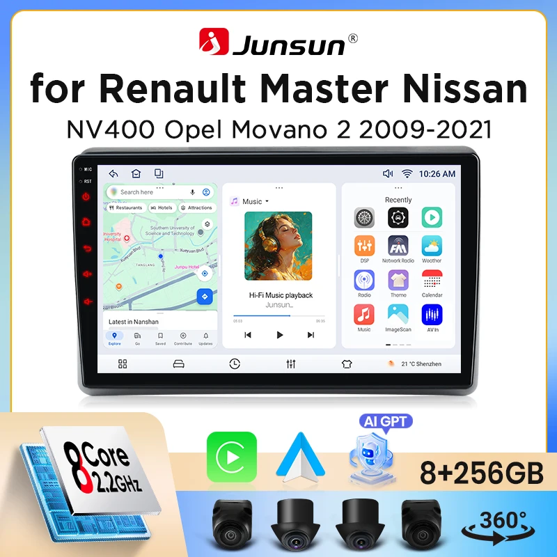 Autoradio Junsun sans fil CarPlay Android Auto pour Renault Master 3 / Nissan NV400 / Opel Movano B (X62) 2010-2021 avec ventilateur de refroidissement intégré, navigation GPS Android, lecteur