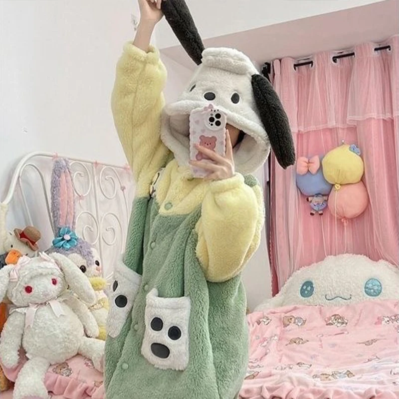 

Anime Cinnamoroll Winter Thickened Coral Fleece Pajamas Pochacco Soft Sleepwear Girl Warm Home Clothes Women's Velvet Pajamas