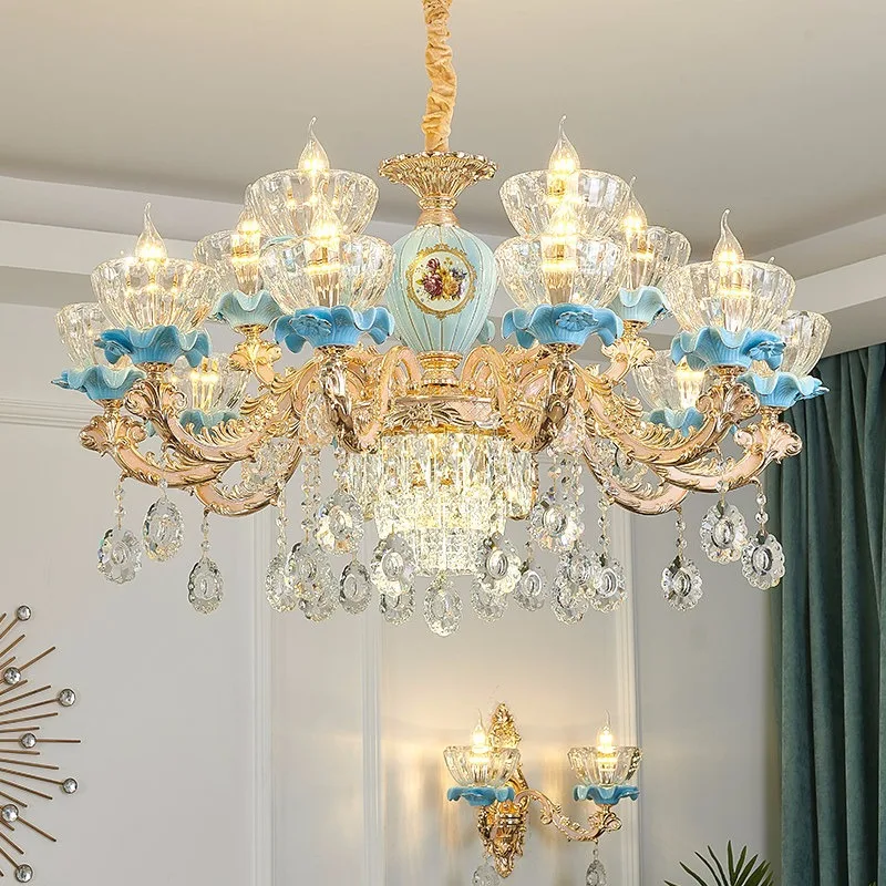 

European Crystal Blue Ceramic Chandelier Zinc Alloy Living Room Dining Room Bedroom Hotel Villa Duplex Building Chandelier