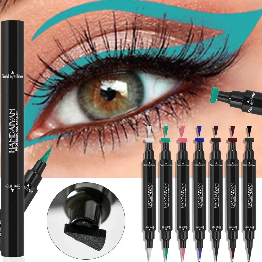 Penna per eyeliner liquido colorato con timbro alato 2 IN1 Impermeabile ad asciugatura rapida Doppio attacco Nero Blu Rosa Marrone Sigillo Eye Liner Strumento per il trucco