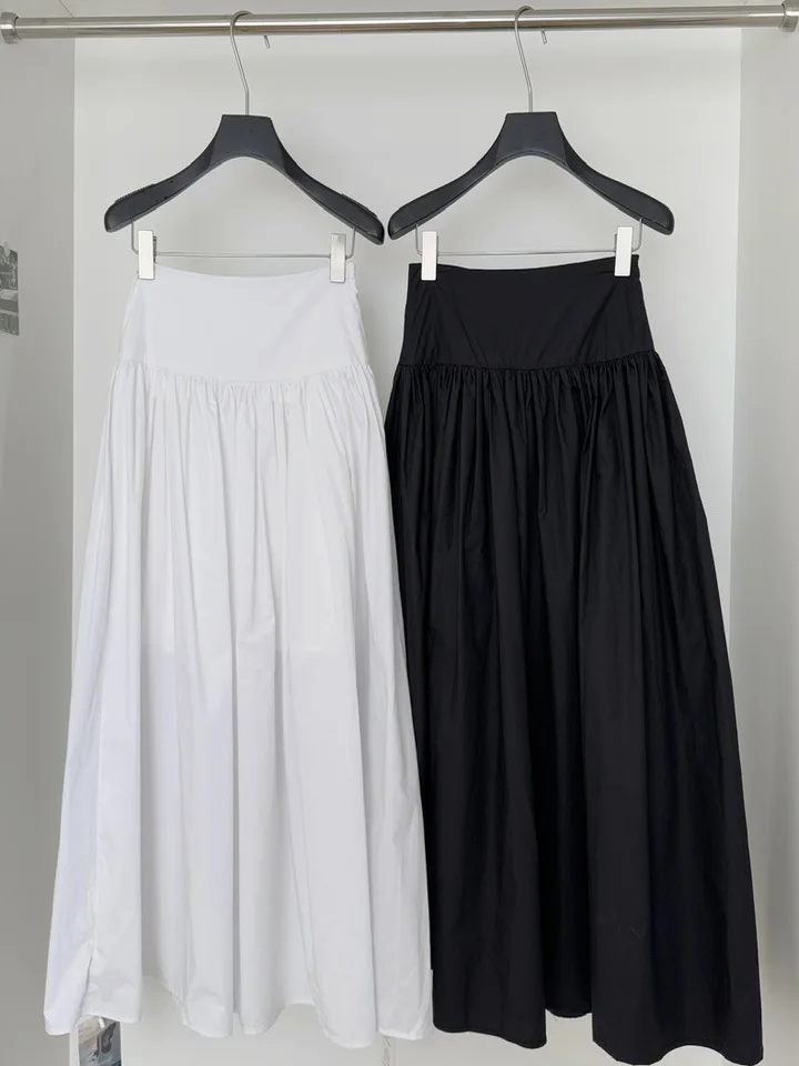 Ele High Waist Long White Pleated A-Line Skirt Women's Spring Summer Versatile Large Umbrella Skirt Commute Sle