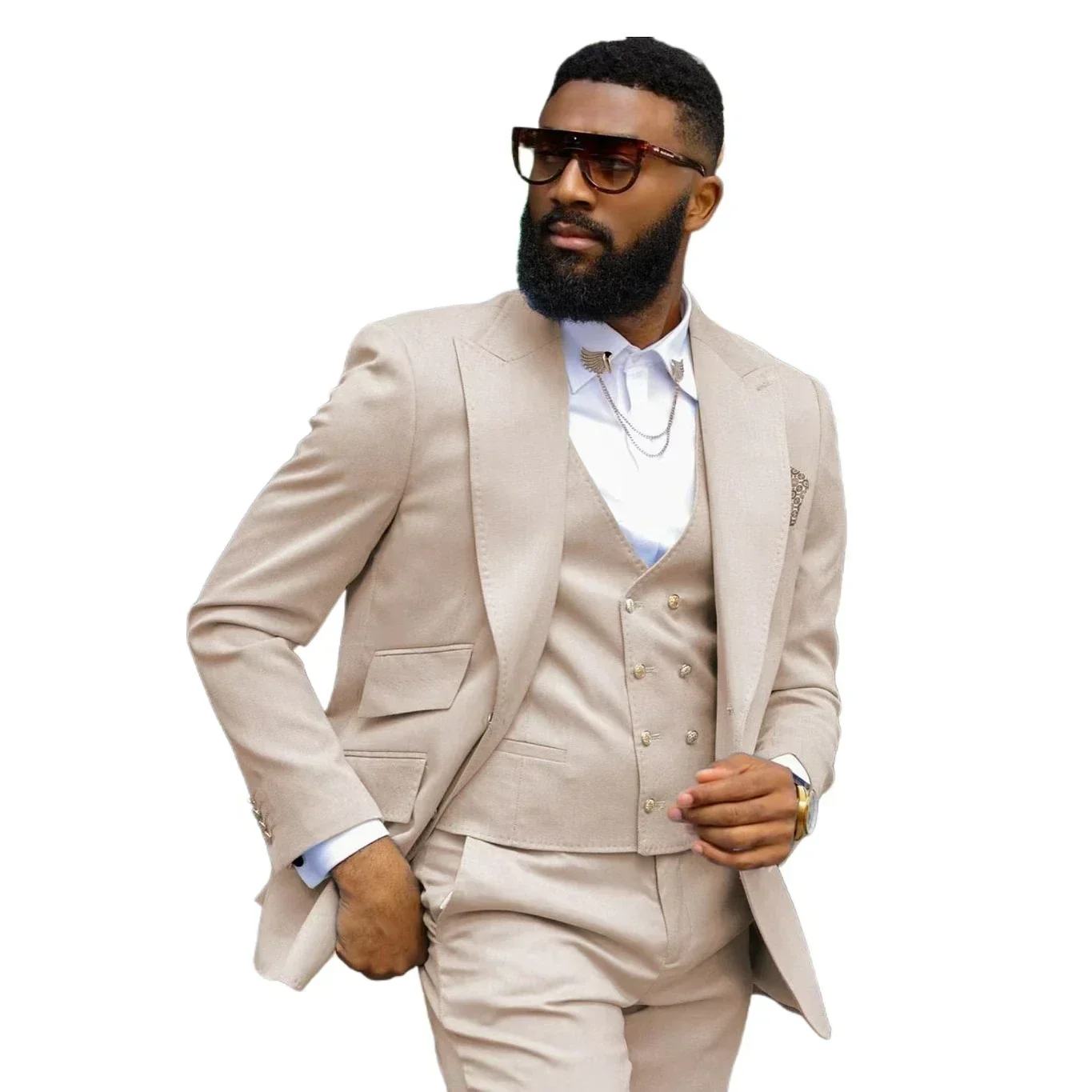 

Slim Fit 3 Piece Men's Tuxedo Suits with Peak Lapel Blazer Vest And Pants Set for Wedding Groomsmen Business Formal Wear