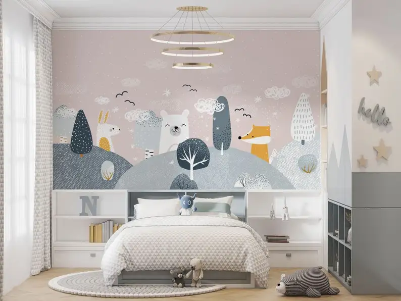 Nordic Colors Self Adhesive Nursery Wallpaper, Cute Fox Rabbit Bear, Mountains Peel And Stick Wall Mural. Child Room Mural, Kids