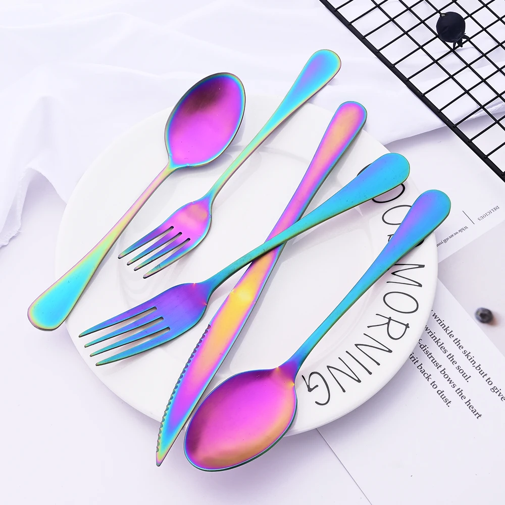 5Pcs Matte Dinnerware Cutlery Set Stainless Steel Spoon Fork Steak Knife Set Rainbow Weatern Dinner Party Flatware Silverware