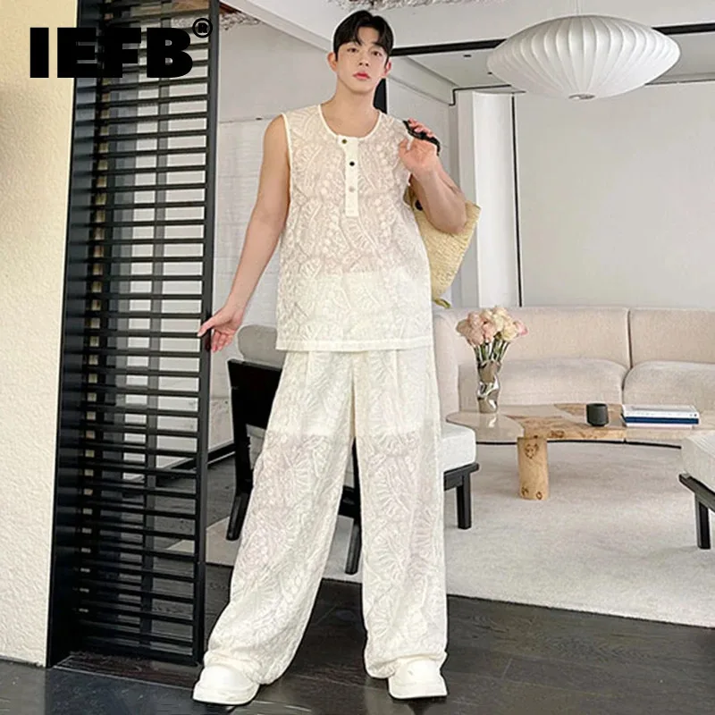 IEFB Niche Style Men's Loose Two-piece Embroidery Thin Tank Tops Casual Straight Wide Leg Male Pants New Chic Sets Summer 9C6412