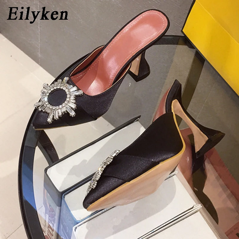 Eilyken Rose Red Silk Satin Pumps Women Pointed Toe Rhinestone Crystal Wedding Slip On Strange Style Heel Mules Shoes