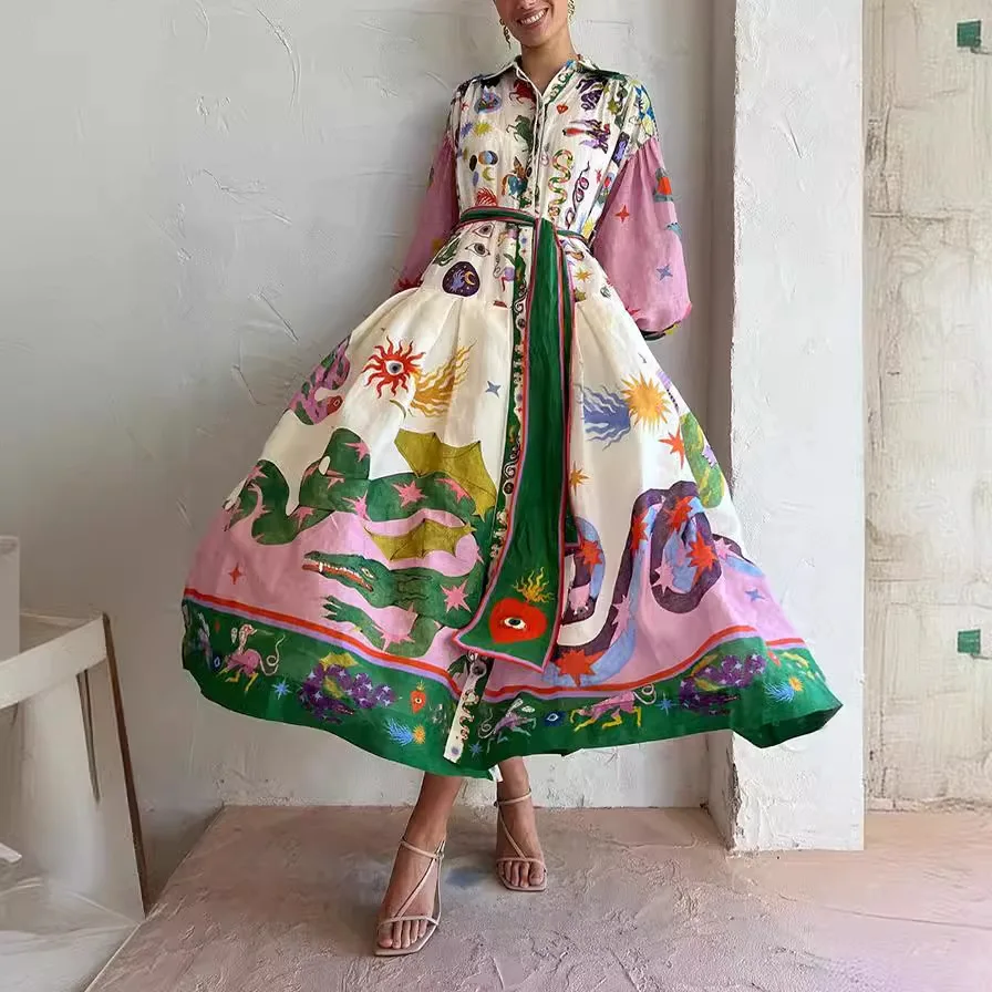 2024 new retro French palace style pleated oversized printed long-sleeved loose dress