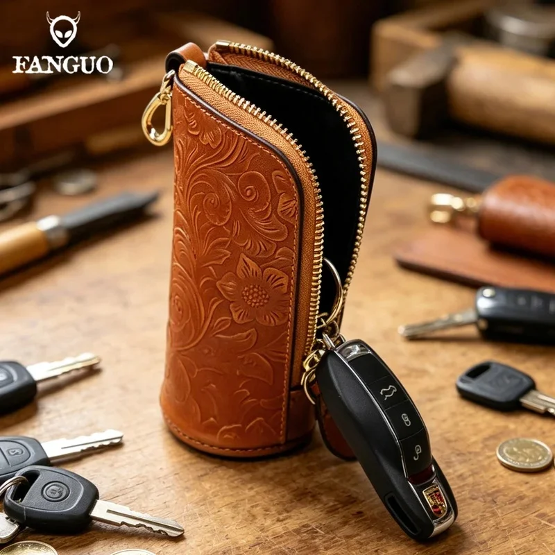 Genuine Leather Men's Car Keychain Cowhide Key Case High Quality Men's Butler Keys Clip Zipper Two Card Coin Purse Cover