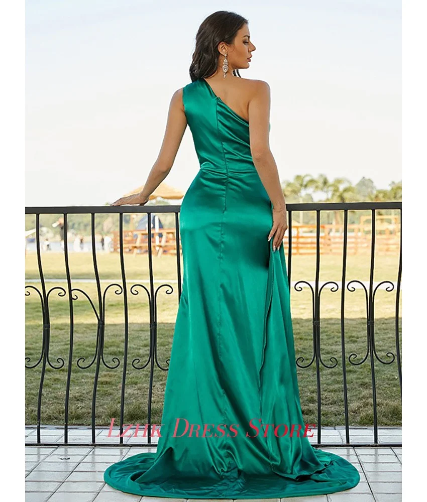 Vestido de noite de sereia de cetim sexy personalizado, um ombro, delicado, sem mangas, até o chão