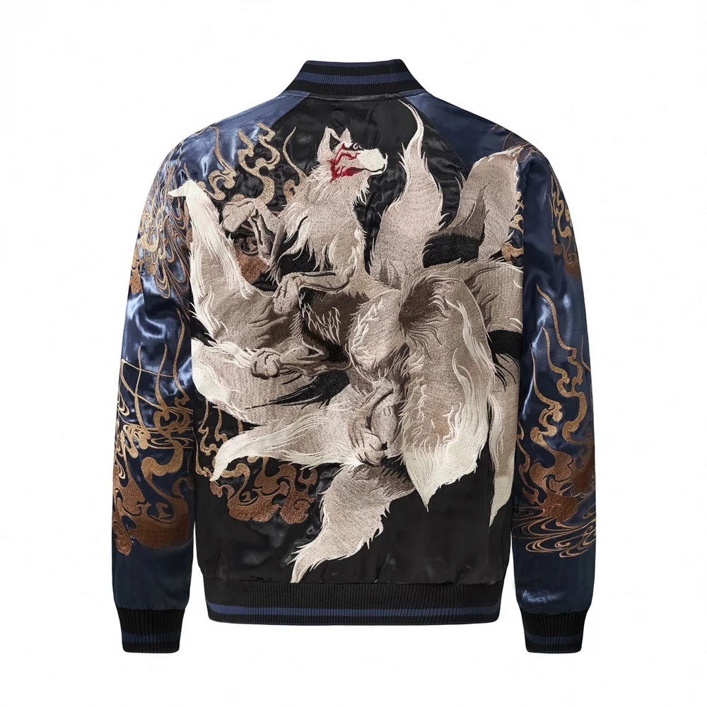 

Fashion Hip Hop Men's Anime Fox Embroidered Zipper Jacket Autumn Streetwear Harajuku Japanese Baseball Coat Clothing
