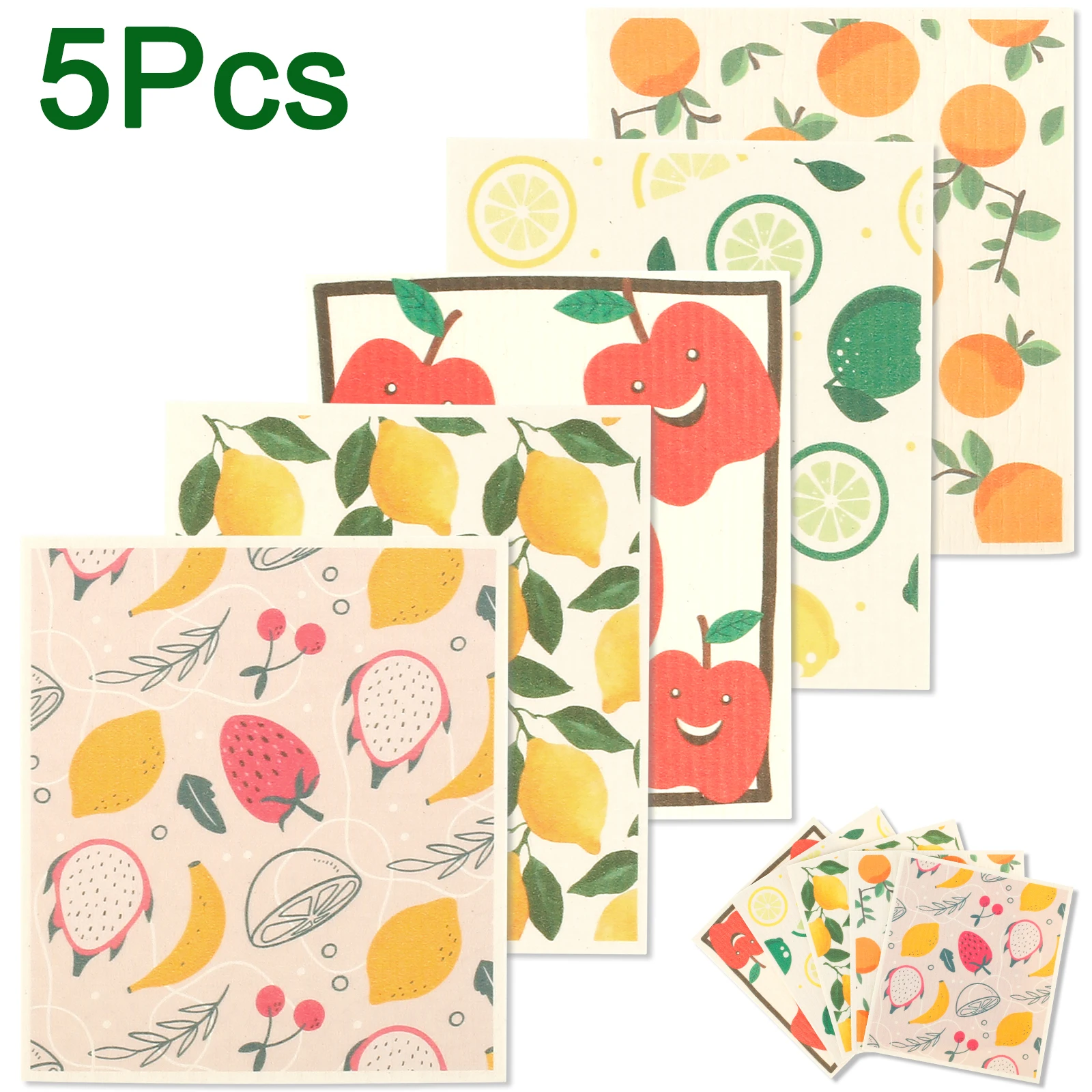 5Pcs Kitchen Dishcloths Reusable Eco-Friendly Microfiber Swedish Dishcloths Fruit Print Absorbent Dish Towels for Home Cleaning
