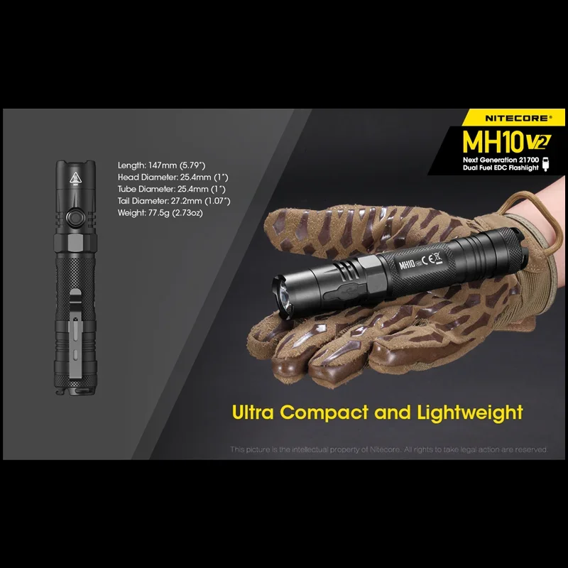 NITECORE MH10 V2 Rechargeable LED Flashlight 1200 lumens Range 202M CREE XP-L2 V6 LED wiht 21700 4000mAh Battery Troch Light