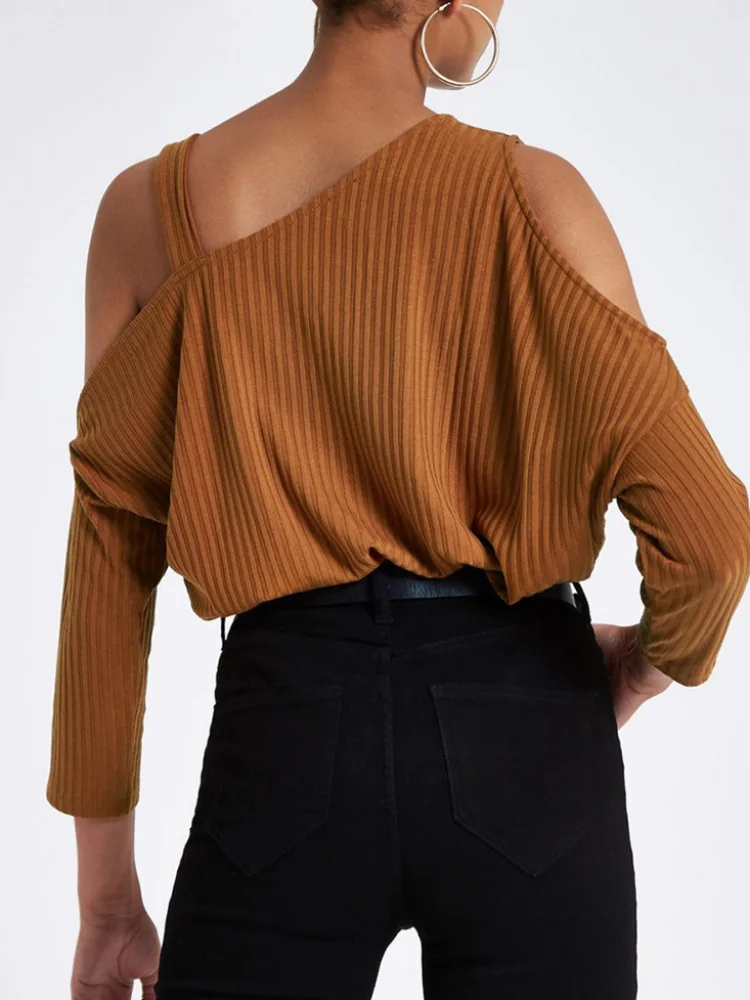 

New Spring Autumn Pure Color Slope oulder Knitted irt Women's Faion Briti Sle Loose Fit Long Sve