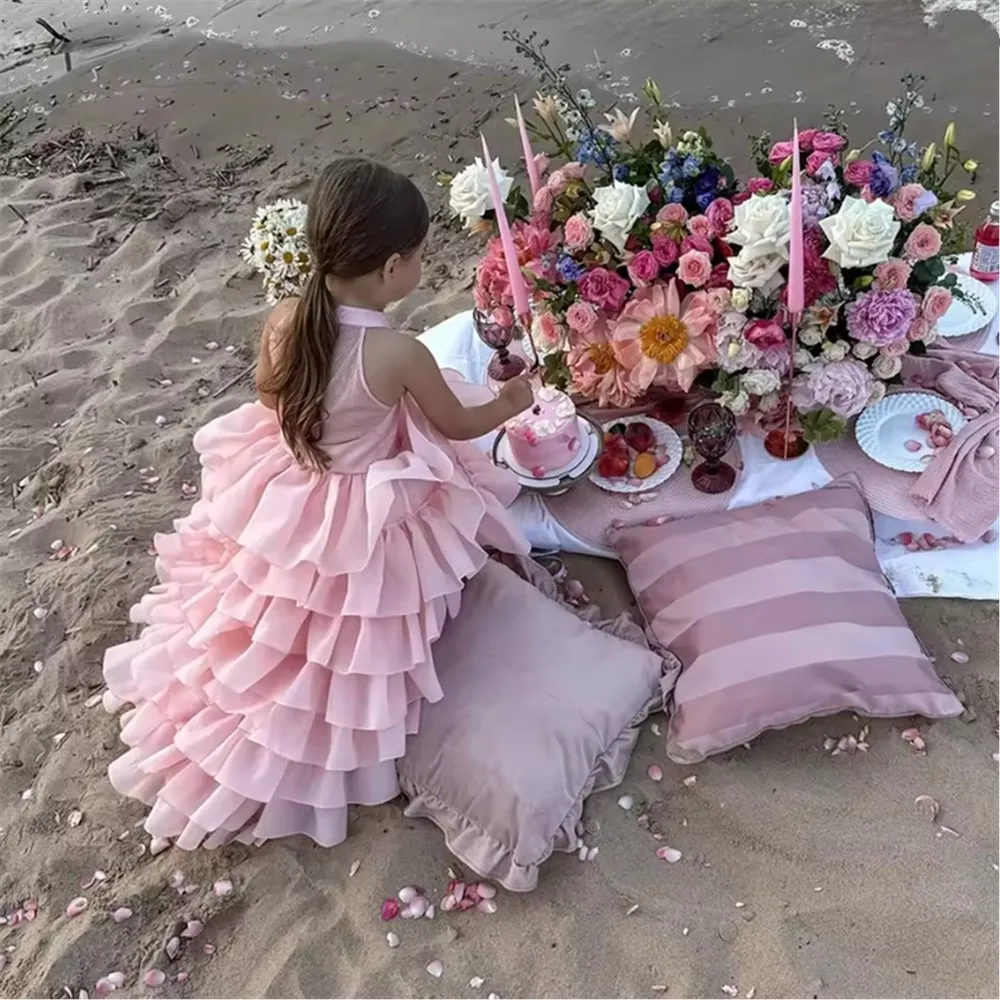 

Light Pink Layered Flower Girl Dress For Wedding Ruffles Sleeveless Elegant Child First Eucharistic Birthday Party Dress