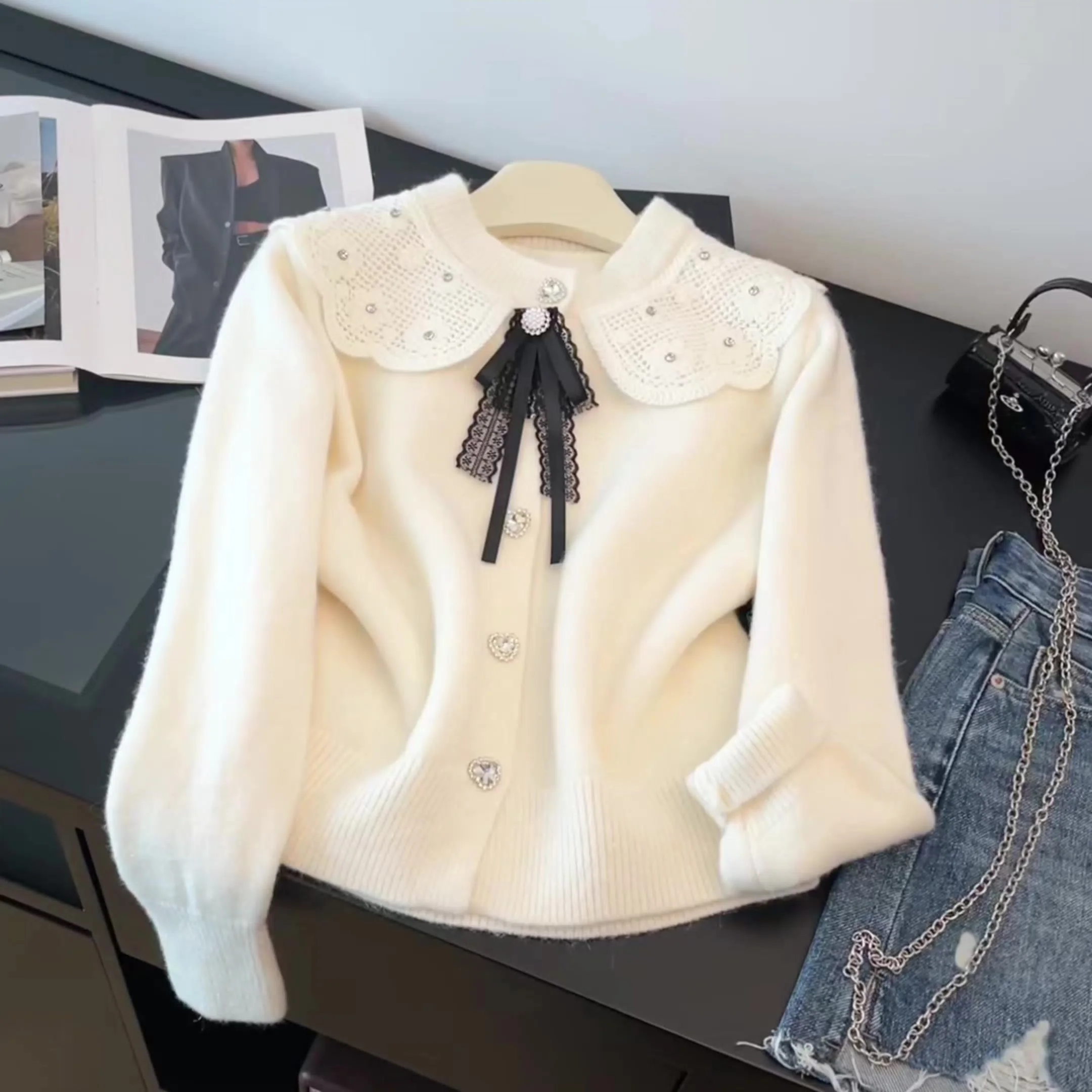 

Women's Apricot Knit Sweater 2000s Vintage Korean Style Peter Pan Collar Long Sleeves Cozy Cashmere Sweater Clothes For Women