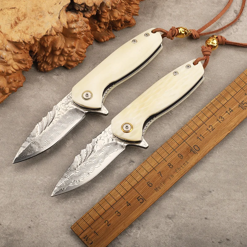

Bull Bone Handle Damascus Steel Pocket Folding Knife Outdoor Camping Fishing Self Defense Portable Tool
