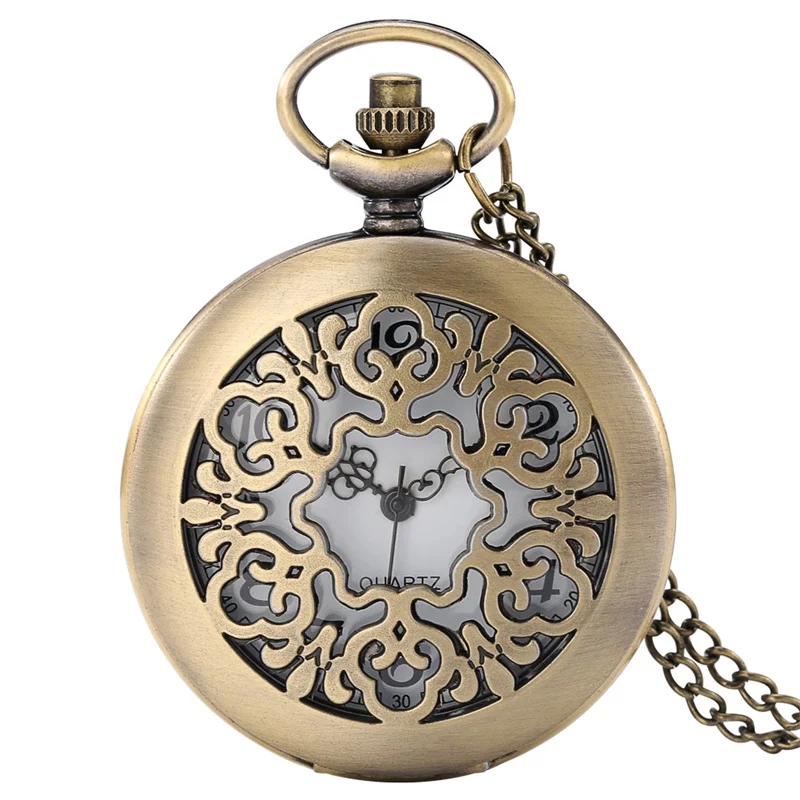 Classic Pocket Watch with Hollow Flower Case Bronze Quartz Watches for Men Women Necklace Chain Arabic Number Dial Timepiece