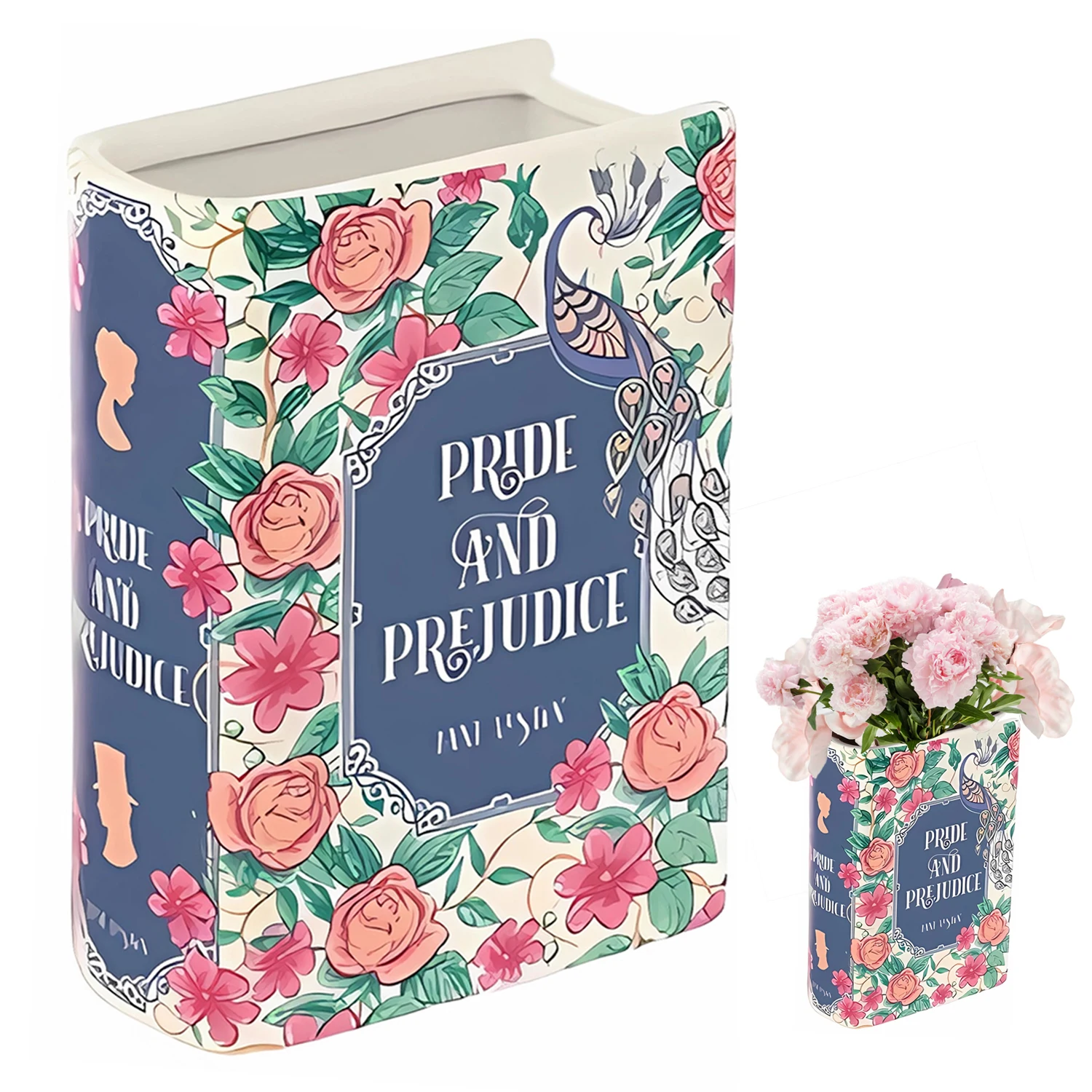 Ceramic Book Vase for Flower Unique Pride and Prejudice Book Shaped Flower Vases for Bookshelf Centerpiece Room Home Decoration