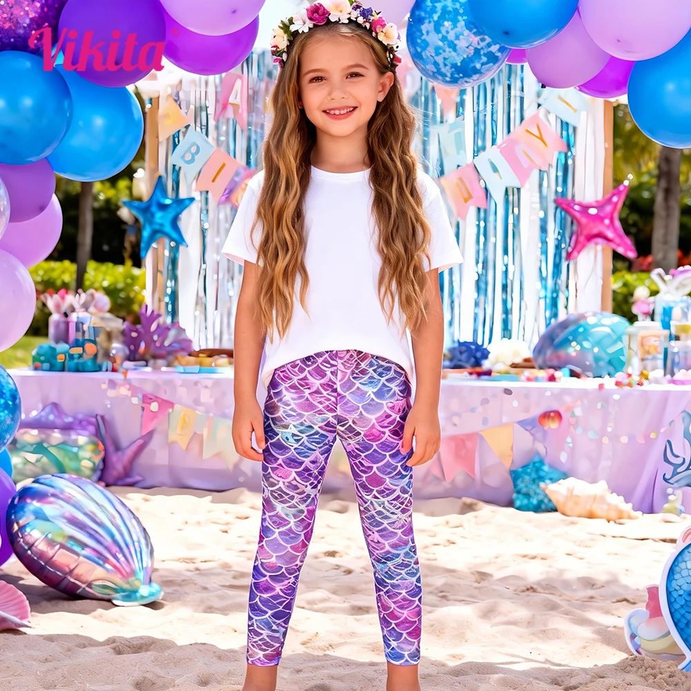 VIKITA Toddlers Mermaid Fish Scale Print Leggings Kids Purple Blue Daily Party Casual Vacation Glittery Skinny Pants Trousers