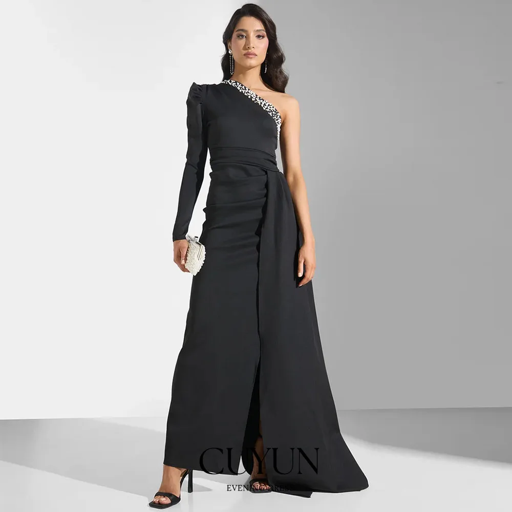 

CUYUN Customized One Shoulder Long Sleeves Evening Gown Women Black Elegant Formal Dinner Dress Beading Special Occasion Gown