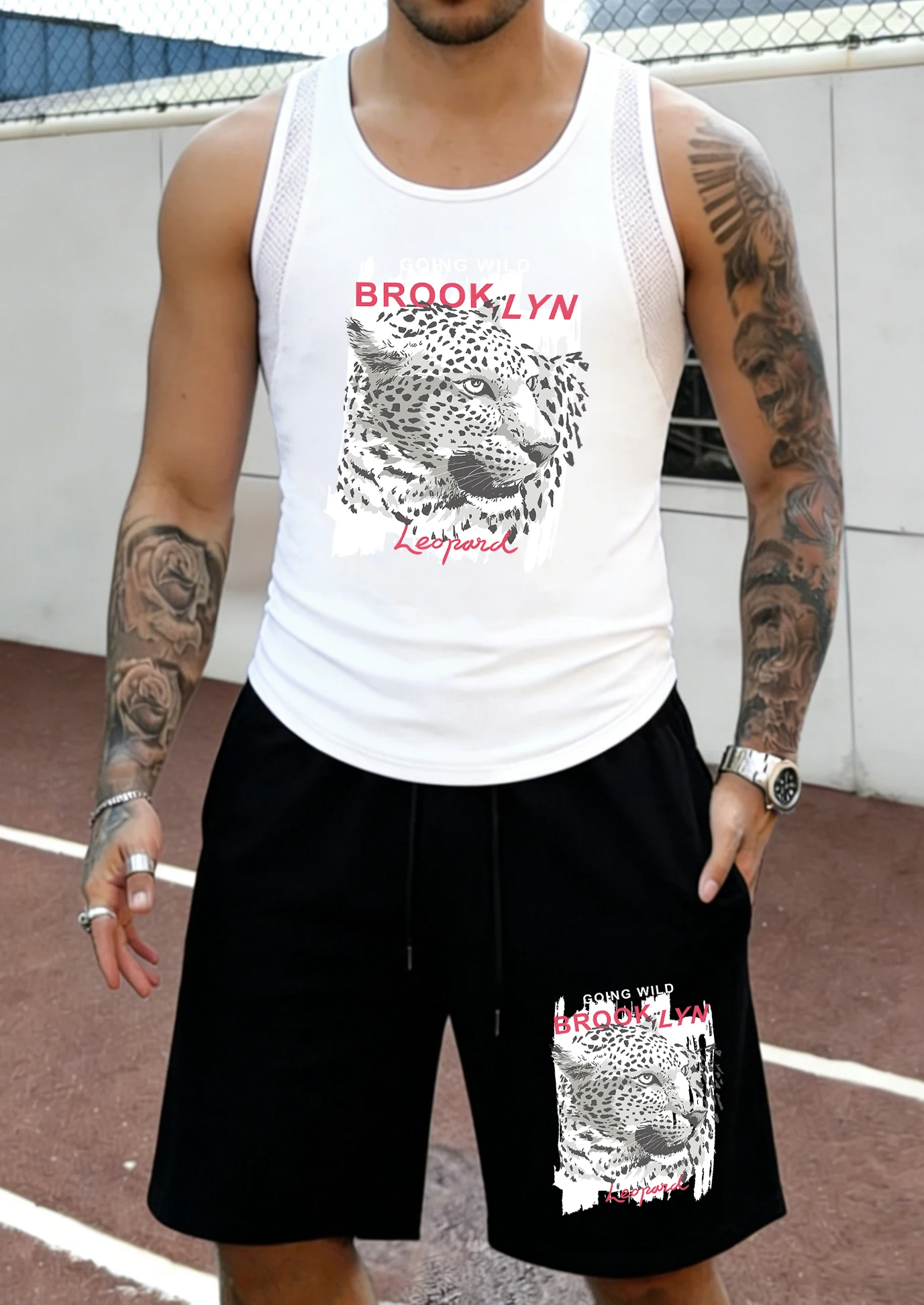 

Going Wild Brooklyn Leopard Prints Man Mesh Summer Vest Daily Pocket Shorts Set Quick Dry Gym Sportswears Fitness Hip Hop Pants