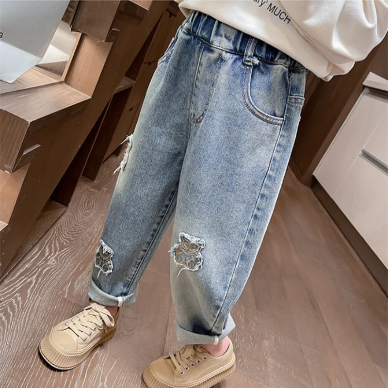 Girls Jean Pants Long Trousers Cotton 2024 Sweet Spring Autumn Teenagers Baby's Kids Pants High QualityTeenagers Children's Clot