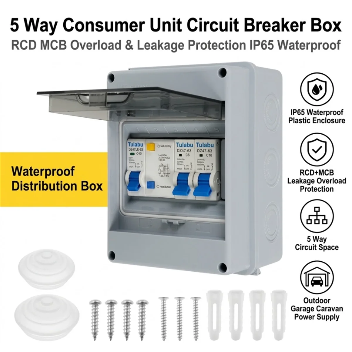 IP65 Waterproof Consumer Unit 2 Way Distribution Box 50A Circuit Breaker Enclosure for Garage Caravan Workshop Outbuilding DIY