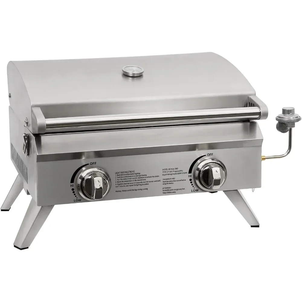 Portable Tabletop Gas Grill, Propane Gas Grill with Travel Locks & Built in Thermometer, Stainless Steel Table Top Camping Grill