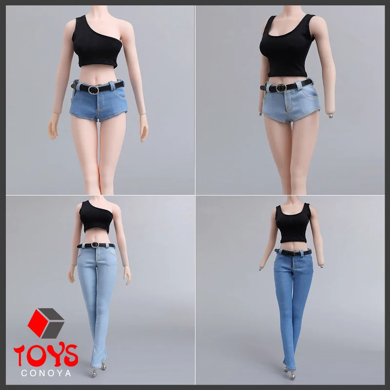 cdtoys cd023 cd025 1/6 Female Black Short Vest Long Short Jeans Denim Pants Clothes Model Fit 12-inch Action Figure Dolls