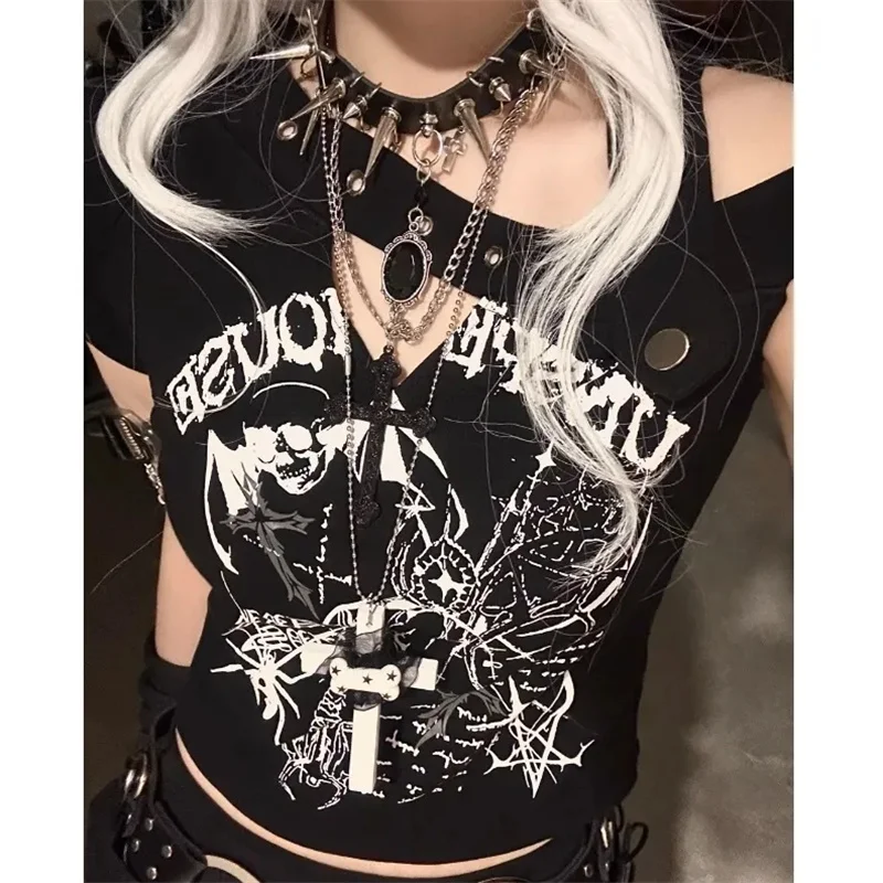 Cyber Punk T-shirts Women Summer Short Sleeve Irregular Crop Top Gothic Y2k Skull Wing Print Tank Goth Emo Tee Clubwear Rive Top