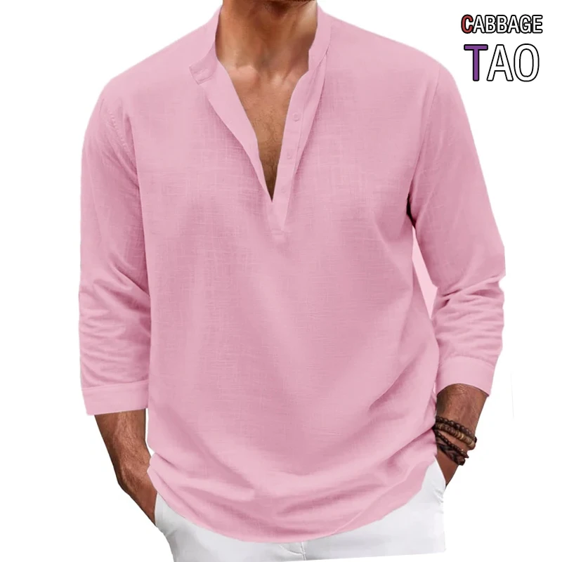 Mens Cotton Henley Long Sleeve Shirt Retro Hawaiian Casual Tops Premium Breathable Tee Lightweight Outdoor Hiking Outerwear