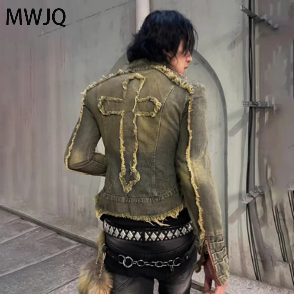 

MWJQ Y2K Embroidery Printed Niche Design Denim Jacket High Street Rough Edge Long Sleeve Fashion Short Tops Spring New 010315