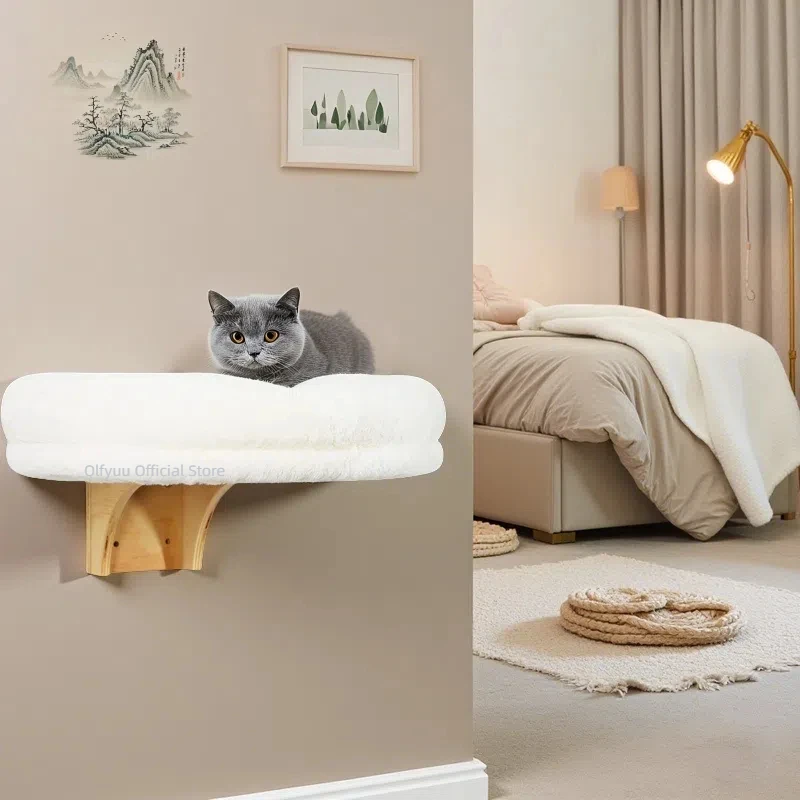 Wall Mounted Wooden Cat Space, Small Pet Bed Cat Furniture, winter cat perch with supports