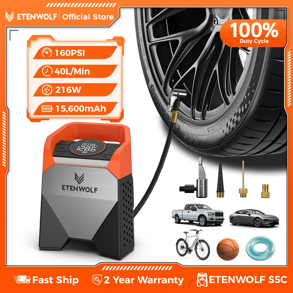 ETENWOLF ZEPHYR S5C Portable Tire Inflator Heavy-Duty Car Compressor 160PSI &15600mAh for Pickups Car Tires Motorcycles