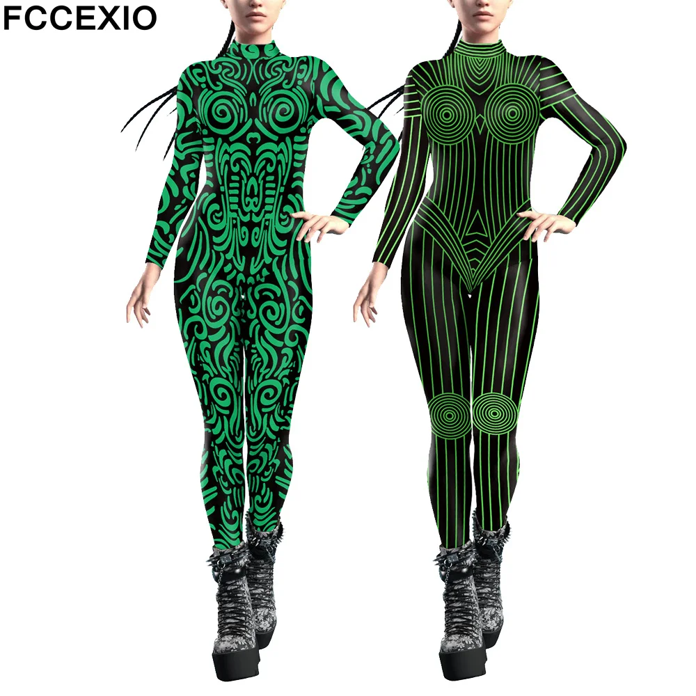 FCCEXIO karnawałowe linia geometryczna z nadrukiem 3D kobiety seksowne obcisły kombinezon kostiumy Cosplay fantazyjne smukłe body 2023 Mujer