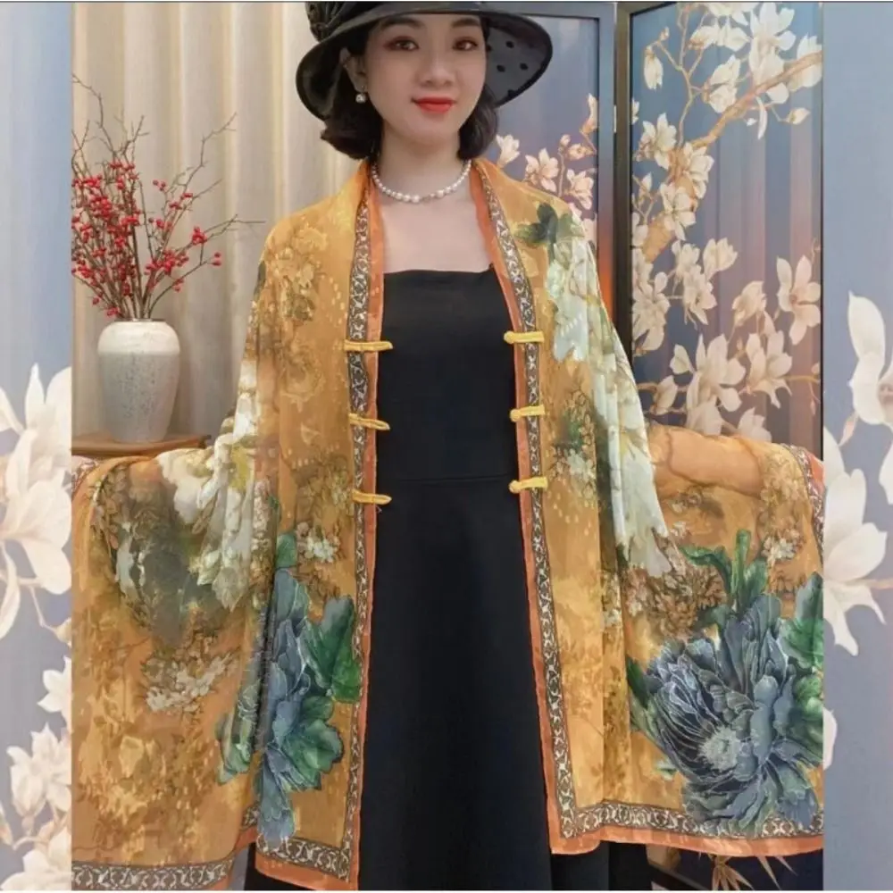 Elegant Retro Style Buckle Printed Shawl Flower Sunscreen Travel Photography Scarf All-Match Fashionable Tudung Scarf Women