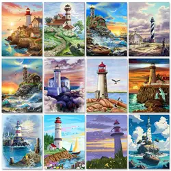 GATYZTORY Painting By Numbers Lighthouse Landscape Oil Picture By Number HandPainted 60x75cm Frame Modern Home Decorations