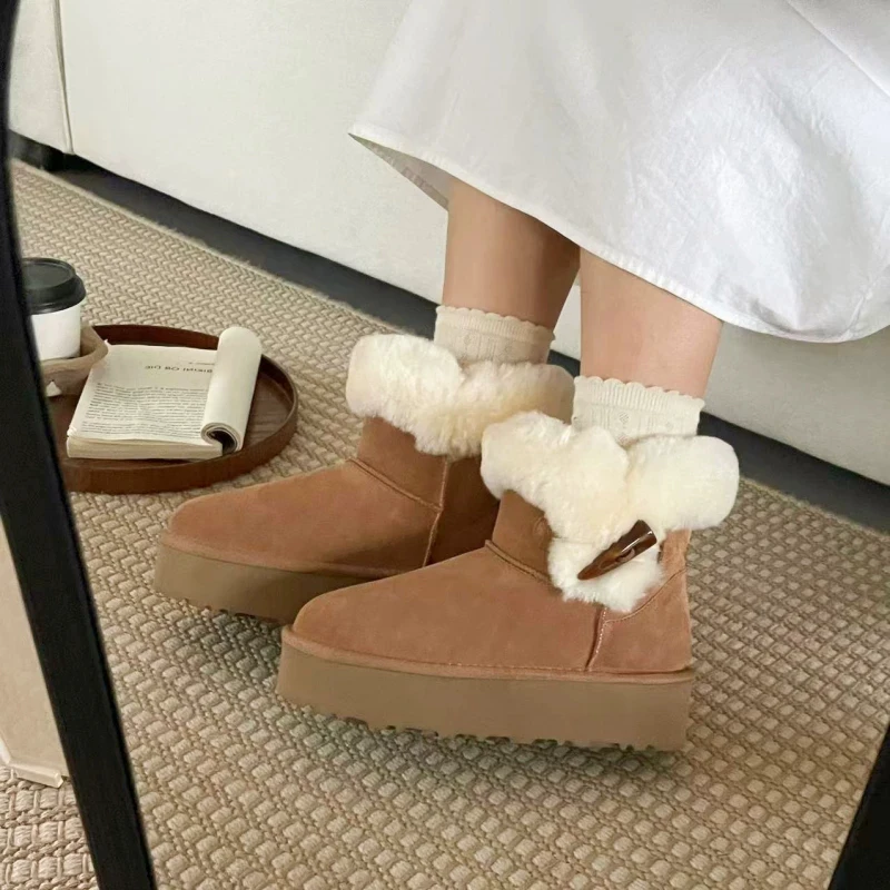 Thick soled cow horn buckle height increasing snow boots, women's sheep fur integrated new anti slip thick snow cotton boots