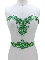 handmade green rhinestones applique on mesh  crystals trim patches 34*18cm&30*9cm for dress DIY   accessories