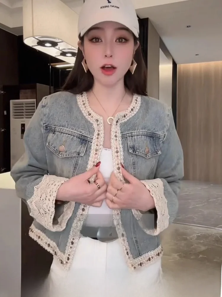 

Tailored Lace Splice Little Black Dress Style Women's Jeans Jacket round Neck European Fashion Short Coat Commute Style