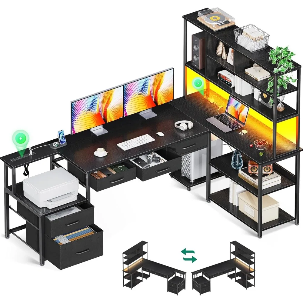 71 inch L Shaped Desk with File Drawers, Reversible L Shaped Gaming Desk with Power Outlets & LED Lights, Computer Desk