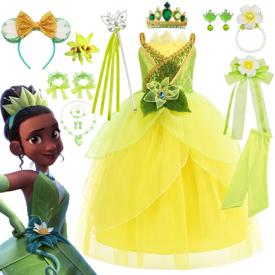 Disney Girls Fairy Tale Tiana Cosplay Costume Elegant Princess Green Party Dress Christmas Ball Gown Princess and Frog Vestidos