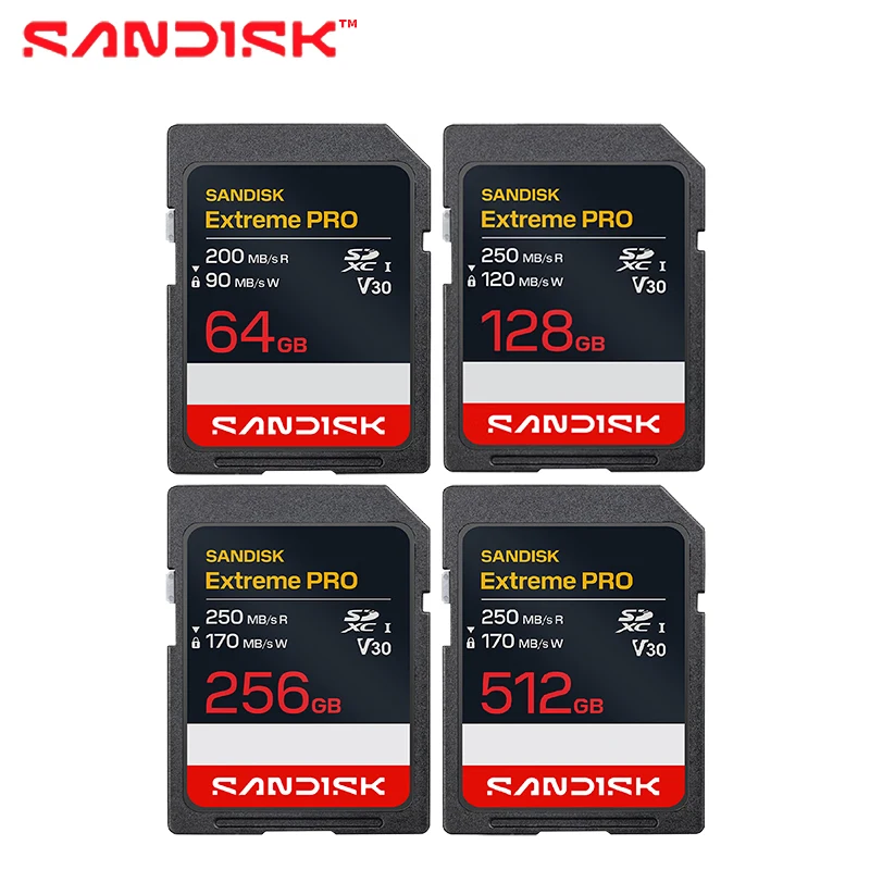 Original SanDisk Extreme Pro SDXC SD Memory Card UHS-I V30 U3 64GB 128GB 256GB 512GB 250MB/s 4K UHD For Digital DSLR Camera