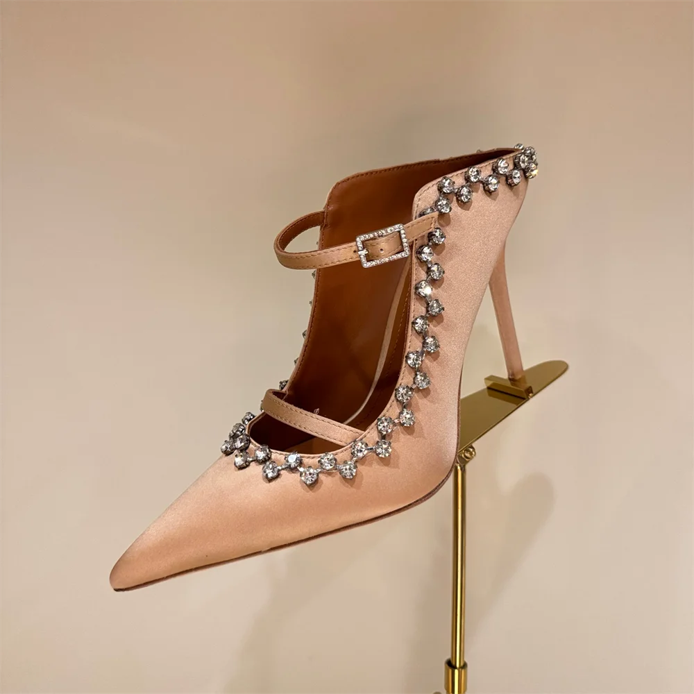 Sexy Silk Water Diamond High Heels Women Pointed Toe Stiletto Heel Slip On Double Straps Slingback Party Dress Slippers