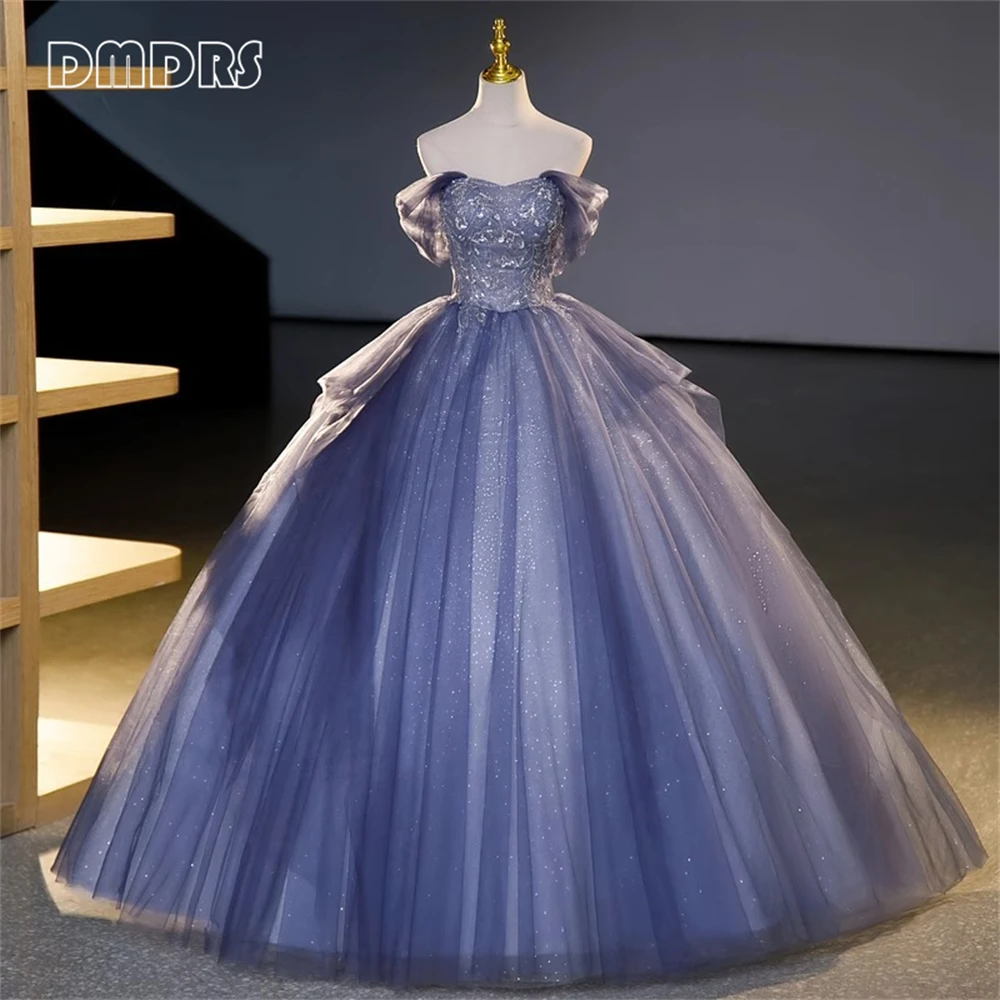 Glitter Tulle Formal Dress for Women Off Shoulder Sleeves with Lace Quinceanera Dresses Party Cocktail Prom Gown