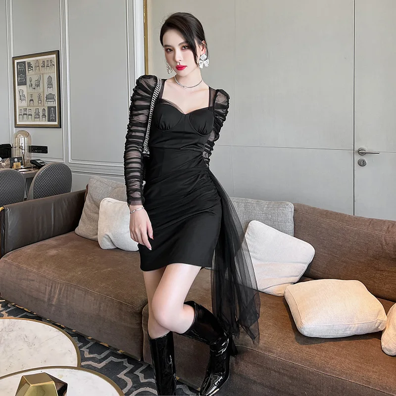 

Весенняя одежда, европейское и американское женское французское светское платье с чувством темперамента, сетчатое плиссированное узкое платье с длинными рукавами