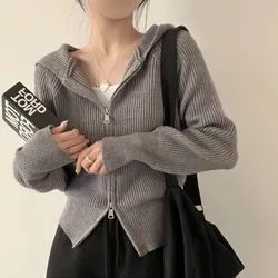 Double Zipper Up Cardigan for Women Fall Winter 2023 New Korean Fashion Hooded Knitted Sweater Ladies Chic Slim Casual Jumpers