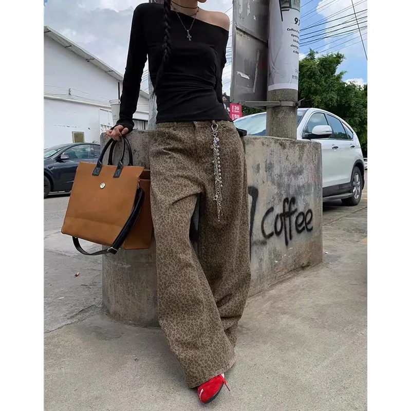 Leopard Jeans Women Y2K Vintage High Waisted Straight Denim Trouser American Streetwear Loose Girl Wide Leg Classic Denim Pants